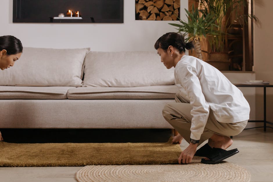 A woman dressed in beige trousers, a white shirt, and black slip-on shoes is kneeling on a wooden floor while repositioning a brown area rug in front of a beige fabric sofa. The sofa has large cushion