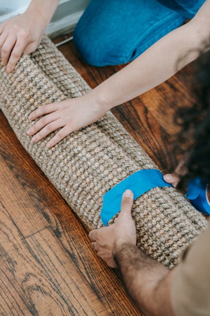 A woman dressed in beige trousers, a white shirt, and black slip-on shoes is kneeling on a wooden floor while repositioning a brown area rug in front of a beige fabric sofa. The sofa has large cushion